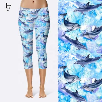 China Sexy Women 92% Polyester 8% Spandex Breathable High Waist Capri Leggings Custom Made Dolphin Printed Soft Fabric Yoga Pants for sale