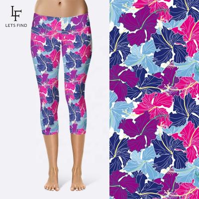 China Custom high waisted breathable capri leggings tropical flowers printed yoga pants 230gsm double side brushed milk silk for sale