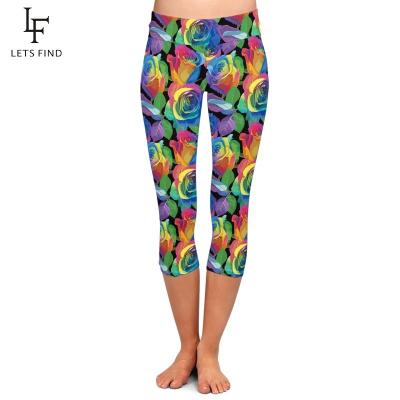 China Sexy high waist women capri spats breathable custom made colorful rose double printed 230gsm brushed milk silk sewn spats for sale