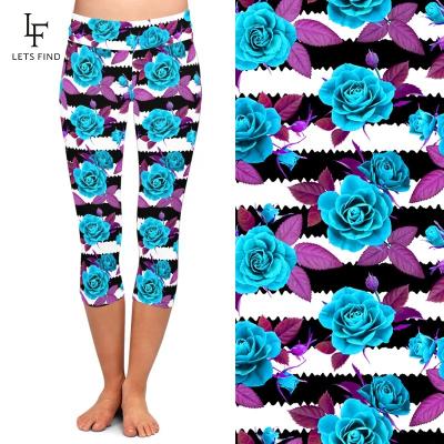 China Breathable high waist sexy women capri leggings custom made blue rose double printed 230gsm brushed milk silk yoga pants sewn leggings for sale