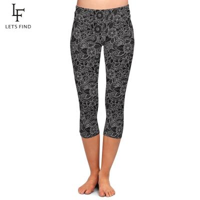 China Custom made sexy paisley capri women high waist breathable leggings printed double brushed 230gsm milk silk yoga stretch pants for sale