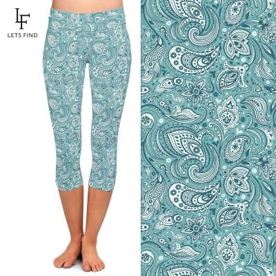 China Custom made sexy paisley capri women high waist breathable leggings printed double brushed 230gsm milk silk yoga stretch pants for sale