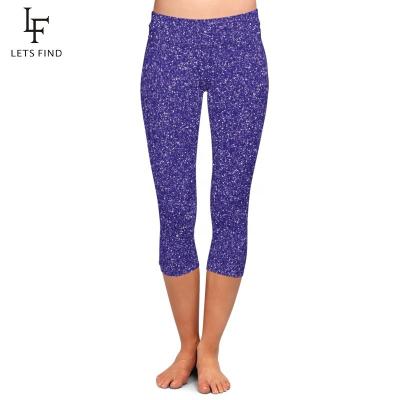 China 230gsm Purple Glitter Printed Milk Silk Brushed Yoga Stretch Pants Custom Made Sexy High Breathable Women Capri Gaiters Double Waist for sale