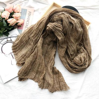 China Cotton Canvas Plain Color Pleat Natural Cotton Canvas Scarf Wrinkled Muslim Scarf Wrap Multifunctional Hijab Shawl for sale