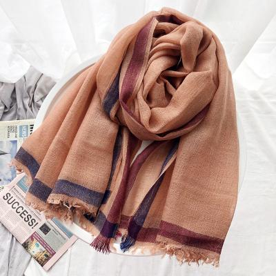 China New Large Size Acrylic Wool Ladies Scarfs Striped Pattern Thin Wool Scarf For Women Muslim Hijabs Head Wraps for sale