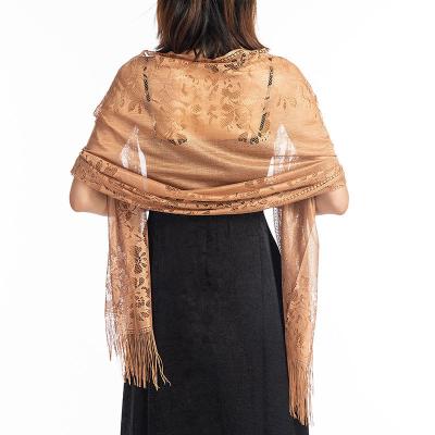 China Hot Selling Simple Polyester Lace Shawl Women Evening Dress Cheongsam Party Flower Hollow Tassel Scarf for sale