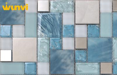 China Blue Ice Cracked Mosaic Glass Kitchen Backsplash Tile With Stainless Steel for sale