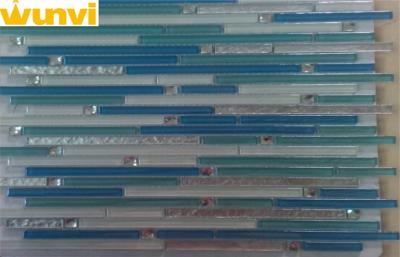 China Brushed Mesh Mounted Random Mix Blue Color Strip Mosaic Tiles With 10*10 Mirror Chips for sale