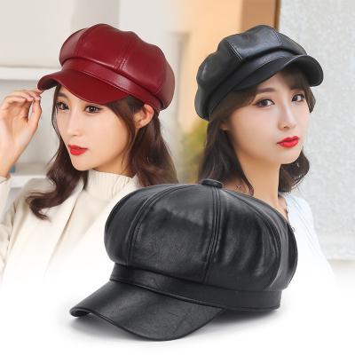 China Japan and Korean style hats and hats 2021 new fashion faux leather beret hat adjustable octagon hats for partyBerets for sale