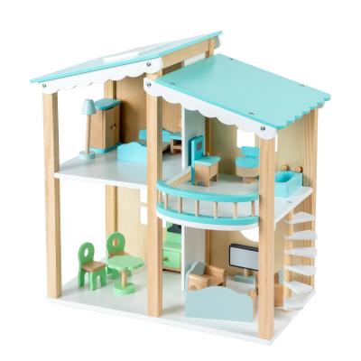 China Play House New blue wooden doll House children play every house indoor simulation villa educational toys play house for kids children baby for sale