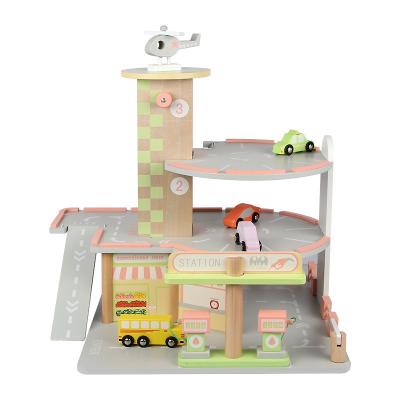 China Play House parking lot Children Montessori wooden parking building baby interactive vehicle model helipad gift educational toys wholesale for sale