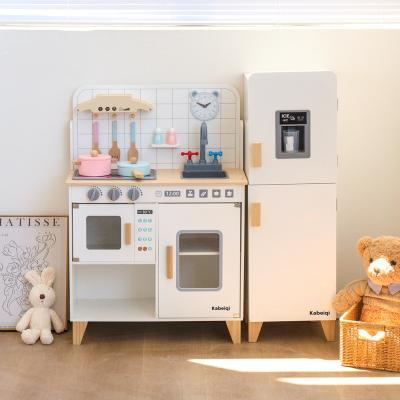 China Simulated cooking toys 2023 New Montessori wooden sound light refrigerator kitchen toy set children play house role play educational kitchen toys for sale