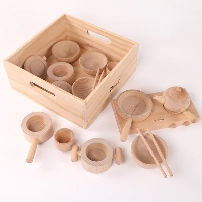 China Play House kitchen tableware Children's log wood unpainted Montessori cooking Cooking kitchen toy Set Girl Girl hands-on brain kitchenware Cognitive toys for sale