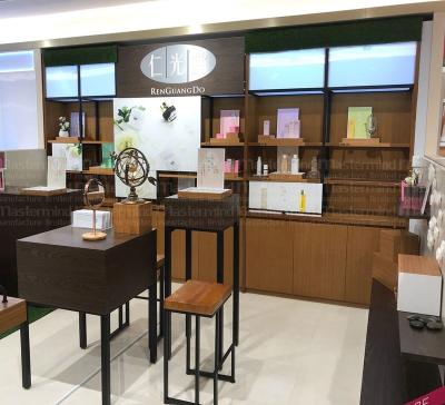 China Trendy Brands Customized Wooden MDF Display Racks Rack Showcase Cabinet Supermarket Shelves Control Worktops Top Stores Drawer for sale