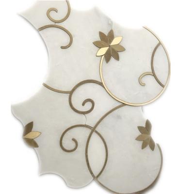 China Chinese White Marble Waterjet Mosaic Tiles Floor Dth Stone Mosaic Interior Design Flower Pattern With Brass Inlay for sale