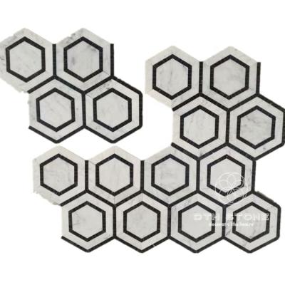 China Dth Hexagon Type Nero Marquina Marble Mix Carrara Marble Mosaic Bathroom White Marble Parquet Dth Stone Floor Tiles for sale