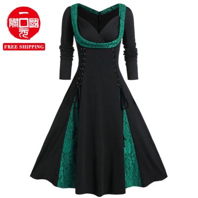 China 2021 Spring New Anti-wrinkle Lace Stitching Long Sleeve Dress With Waist Slimming Evening Dress for sale