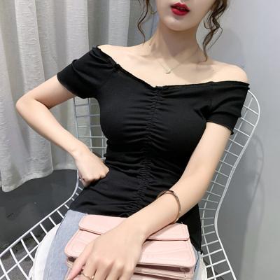 China Anti-wrinkle 2021 Summer New Women's V-Neck Side Drawstring Design T-shirt for sale