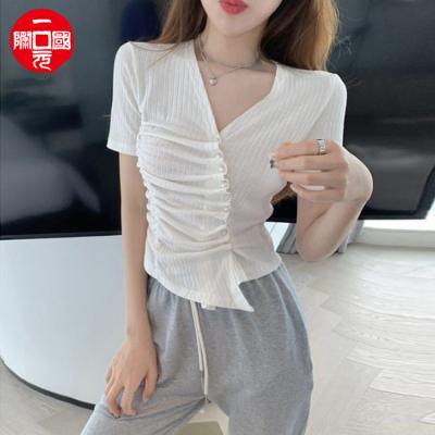 China Summer Irregular Slim Pleat Women T-shirt Anti-wrinkle Wavy V-Neck Short Sleeves for sale