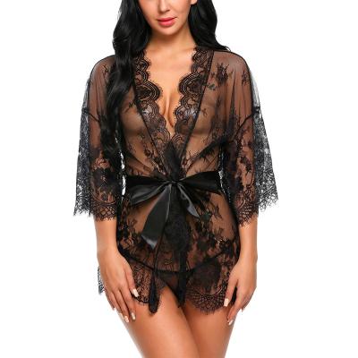 China Sexy Women's Sexy Lingerie Underwear Babydoll Lace Kimono Long Robe Eyelash Nightgown Robe With Belt for sale