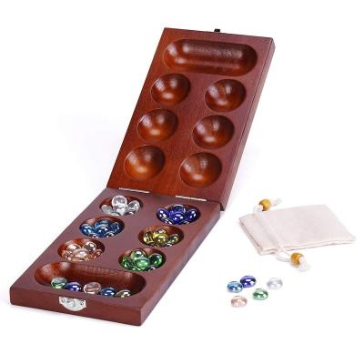 China Playing WOODNB Mancala Board Game Set with Folding Rubber Wood Board with 48 Multi Color Glass Stones for sale