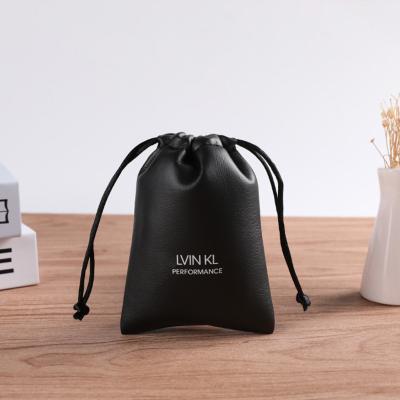 China Waterproof Black Drawstring PU Leather Bag Pouch For Wireless Earphone for sale