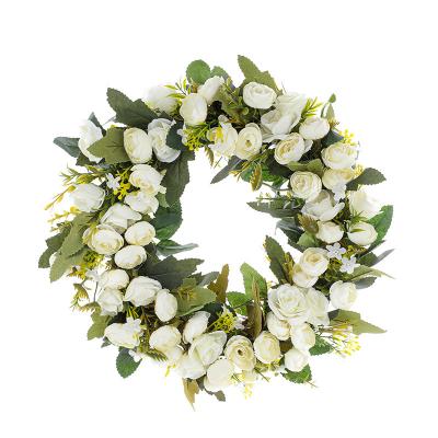 China Europe Diameter 30cm Artificial Spring And Summer Wreath For Front Door Round Rattan Type Small Rose Wreath For Door White Decoration for sale