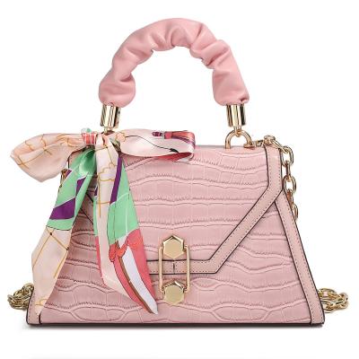 China Classic Vintage Pink Girl Silk Scarf With Crocodile Line Ladies Handbag for sale