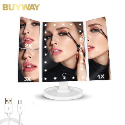 China Stepless Lighted Dimming Triple Lighted Dressing Desk Standing 3 Way Mirror Led Makeup Triple Folding Mirror for sale