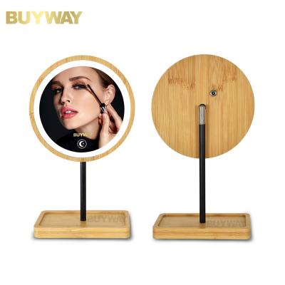 China Minimalist Adjustable 3 Color Dimming USB Rechargeable Touch Screen Switch LED Bamboo Wood Lighted Daylight Makeup Mirror for sale