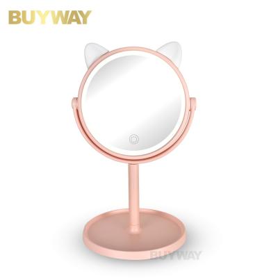 China Custom Lighted Logo Desk Children Cartoon Stand Mirror Led Personal Cute Light Up Makeup Mirror for sale