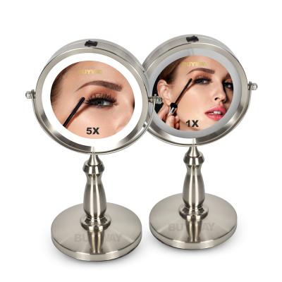 China 2021 New Cosmetic Home Mirror Lit Double Sided Magnifying Makeup 1/5x Mirror With Led Light 2-Faced Desktop for sale