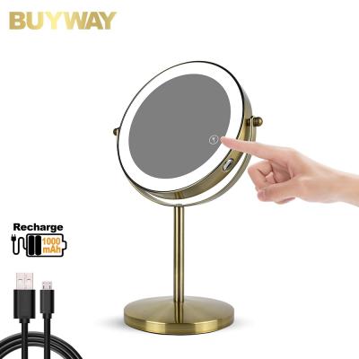 China Rechargeable Touch Sensor Double Side Lighted Round Metal Stand Mirror Magnifying Custom Battery Lighted Makeup Led Mirror for sale