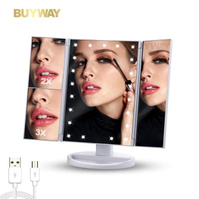 China Lighted Beauty Makeup Portable Trifold Vanity Mirror with Lights, 1x 2x 3x Magnification 180 Degree Rotation, Dual Power Supply for sale