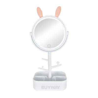 China Cute Rabbit Shaped Multifunctional Led Lighted Round Wireless Charger Desktop Makeup Mirror With 3 Shine LED Light for sale