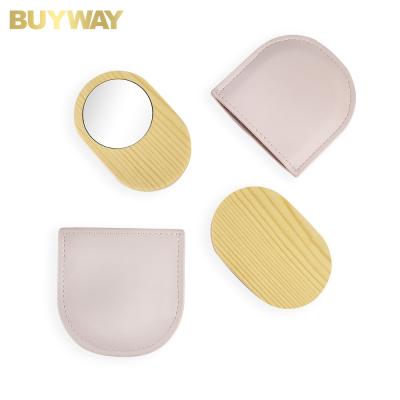 China Custom Personal Bag Beauty PU Mirror Handle Design Waist Portable Bamboo Hand Mirror for sale