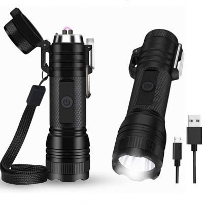 China 202Waterproof Flameless Flashlight With Dual Arc Lighter USB Rechargeable Flameless Lighter Flashlight For Outdoor Survival Hiking Camping for sale