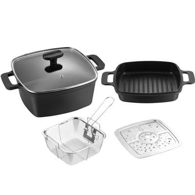 China Sustainable non-stick copper deep set all in one casserole dish and pot stock set, includes fry basket and steam tray die cast cookware for sale