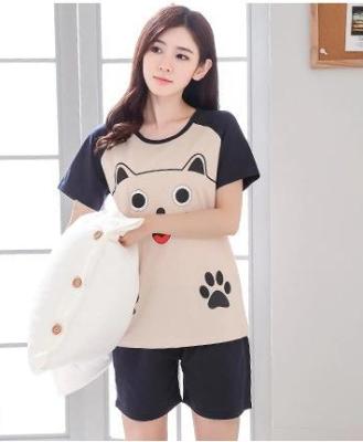 China QUICK DRY Cute Two Piece Pajamas Short Sleeve Cartoon Cat Pajamas for sale