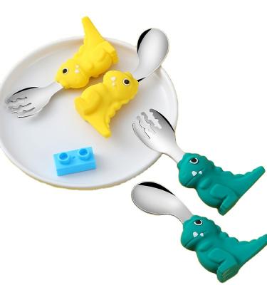 China Chick&Blue penguin&Black penguin Kids Fork and Spoon Set Cartoon Dinosaur Stainless Steel 316L Silicone Handle Training Spoon Set for sale