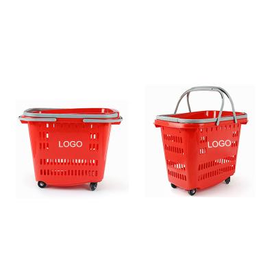 China Manufacturer Folding 65L Supermarket Eco - Friendly Plastic Shopping Basket With 4 Wheels for sale