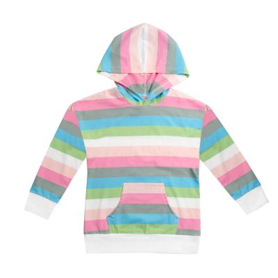 China Sale Korean Hot Spring Girls' Sweatshirt Breathable Rainbow Color Striped Print Long Sleeve Hooded Kids Girls Hoodie for sale