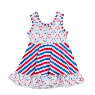 China Wholesale Breathable Dress For Kids 2-16 Sleeveless Stars Kids Dress Baby Flutter Stripe Dress Tie Bow Back for sale