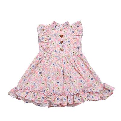 China Anti-Static Baby Summer Anti-Static OEM Floral Print Casual Dresses Kids Buttons Ruffle Chiffon Dresses With Custom Labels for sale