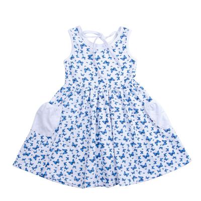 China 2021 Summer Breathable Cute Girls Dress Pocket Pattern Butterfly Dress New Arrival Tie Bow Cotton Sleeveless Dresses for sale