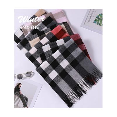 China 2021 Fashion Check Soft Elegant Warm Wool Feeling Tassel Hijab Shawl Scarf Men Women Long Other Scarves for sale