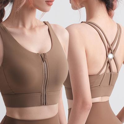 China Breathable Women Zipper Gym Yoga Shockproof Cool Striped Bra Tops Bare Vest LULU Cross Back Sports Fitness Underwear for sale