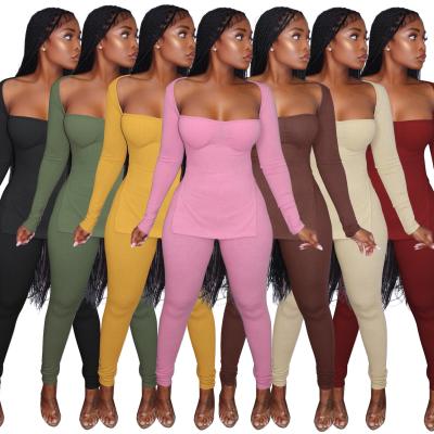 China Anti-wrinkle 2021 New Ladies Outfits Long Sleeve U Neck Slit Tops Rib Knit Fall Winter Women Pants Two Piece Set for sale