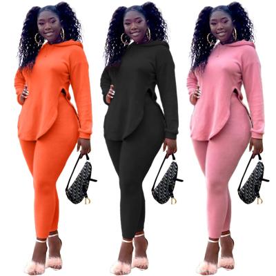 China Breathable Fashion Sheer Color Hoodie Split Casual Two Piece Set Casual Women's Clothing for sale