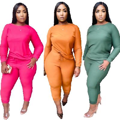 China 2021 Product Breathable Solid Color O Neck Stretch Long Sleeve Plus Size 4XL Sets Two Piece Tracksuit for sale